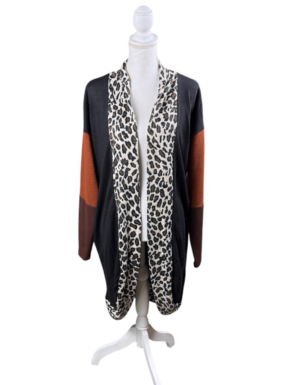 Sunshine & Rodeo Leopard Colorblock Black Open Front Cardigan Size Large